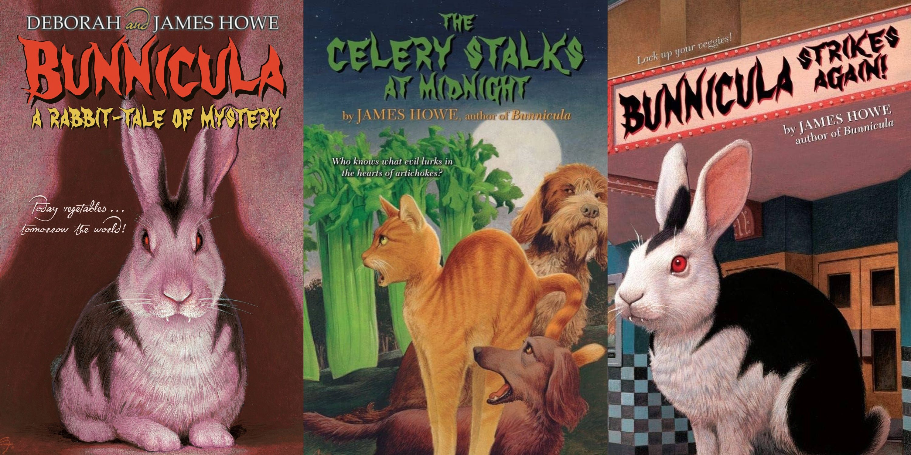 The book covers of Bunnicula, The Celery Stalks at Midnight, and Bunnicula Strikes Again!