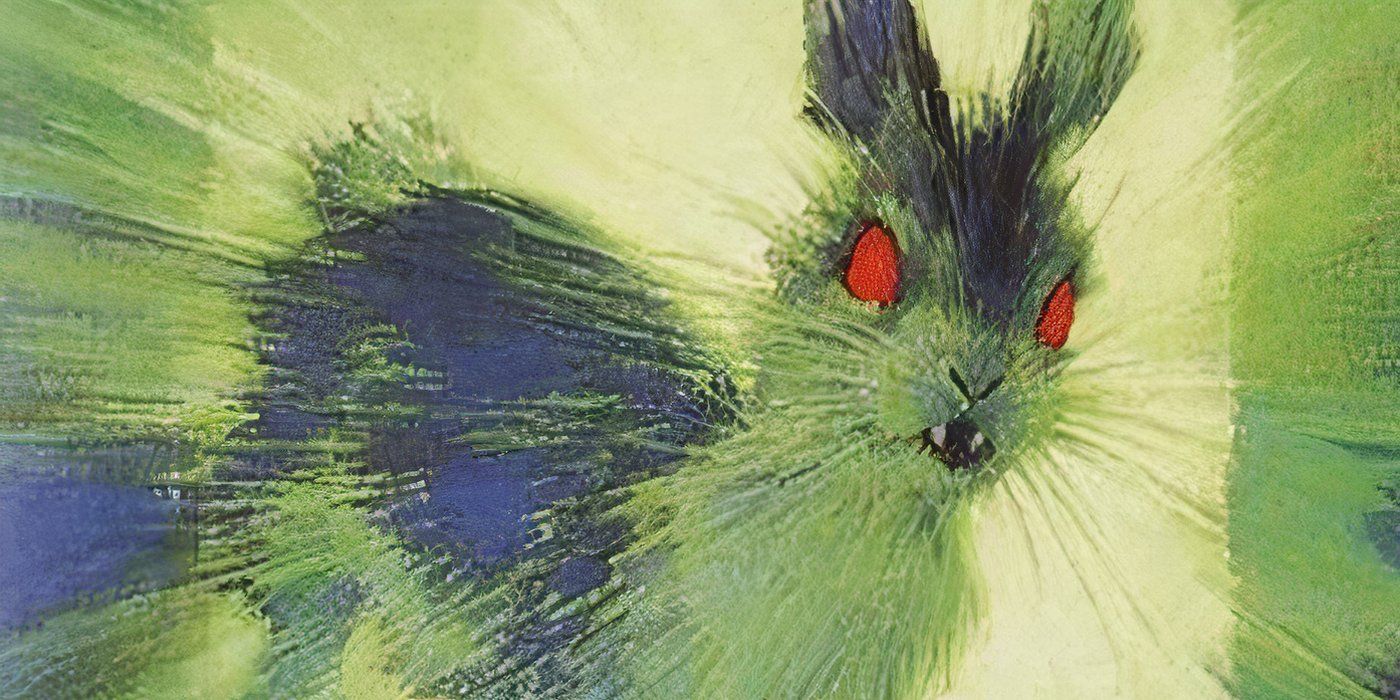 The cover of Bunnicula featuring the titular rabbit with growing red eyes and a green background