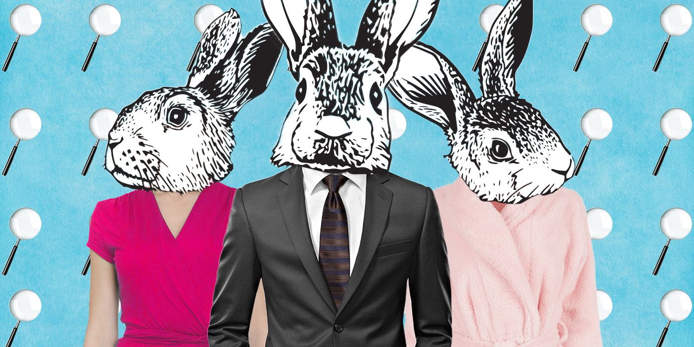 A custom image of three people with drawings of rabbits superimposed over their face