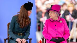 LEICESTER, UNITED KINGDOM - MARCH 08: (EMBARGOED FOR PUBLICATION IN UK NEWSPAPERS UNTIL 48 HOURS AFTER CREATE DATE AND TIME) Catherine Duchess of Cambridge and Queen Elizabeth II listen to a speech as they, accompanied by Prince Philip, Duke of Edinburgh, visit Leicester on the first date of Queen Elizabeth II's Diamond Jubilee tour of the UK on March 8, 2012 in Leicester, England. ()