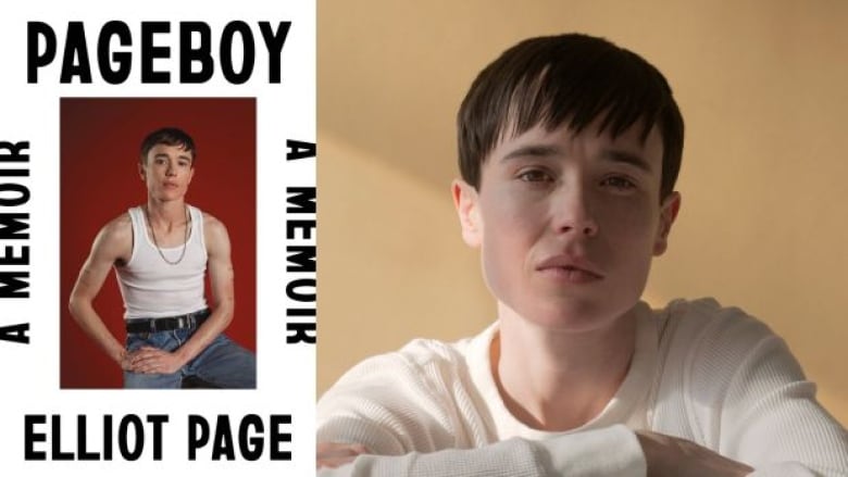 On the left is a book cover with a photo of a person with short brown hair wearing a white tank top, black belt, and jeans on the cover. He is sitting in front of a red wall. There is a white border around the image with black text overlay that is the book's title and author name. On the right is a headshot photo of the same person wearing a long-sleeved white shirt with his arms crossed sitting in front of a yellow wall.