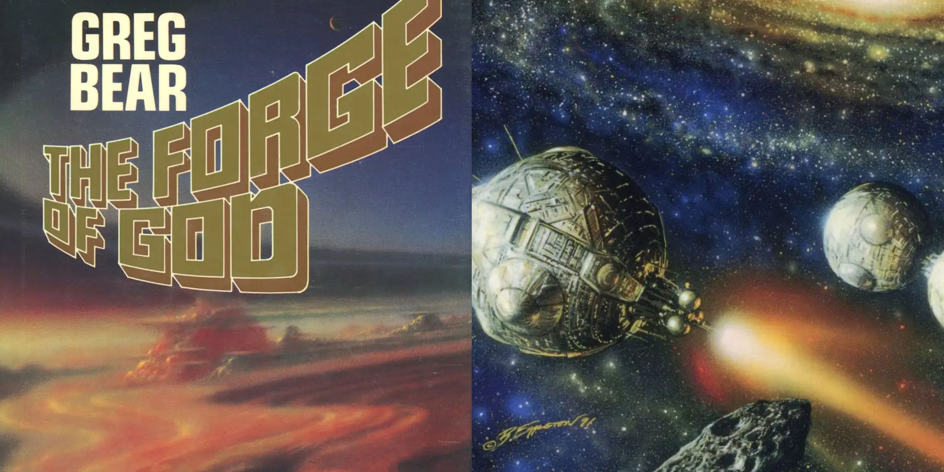 A split image of a windswept world and giant spherical ships in space