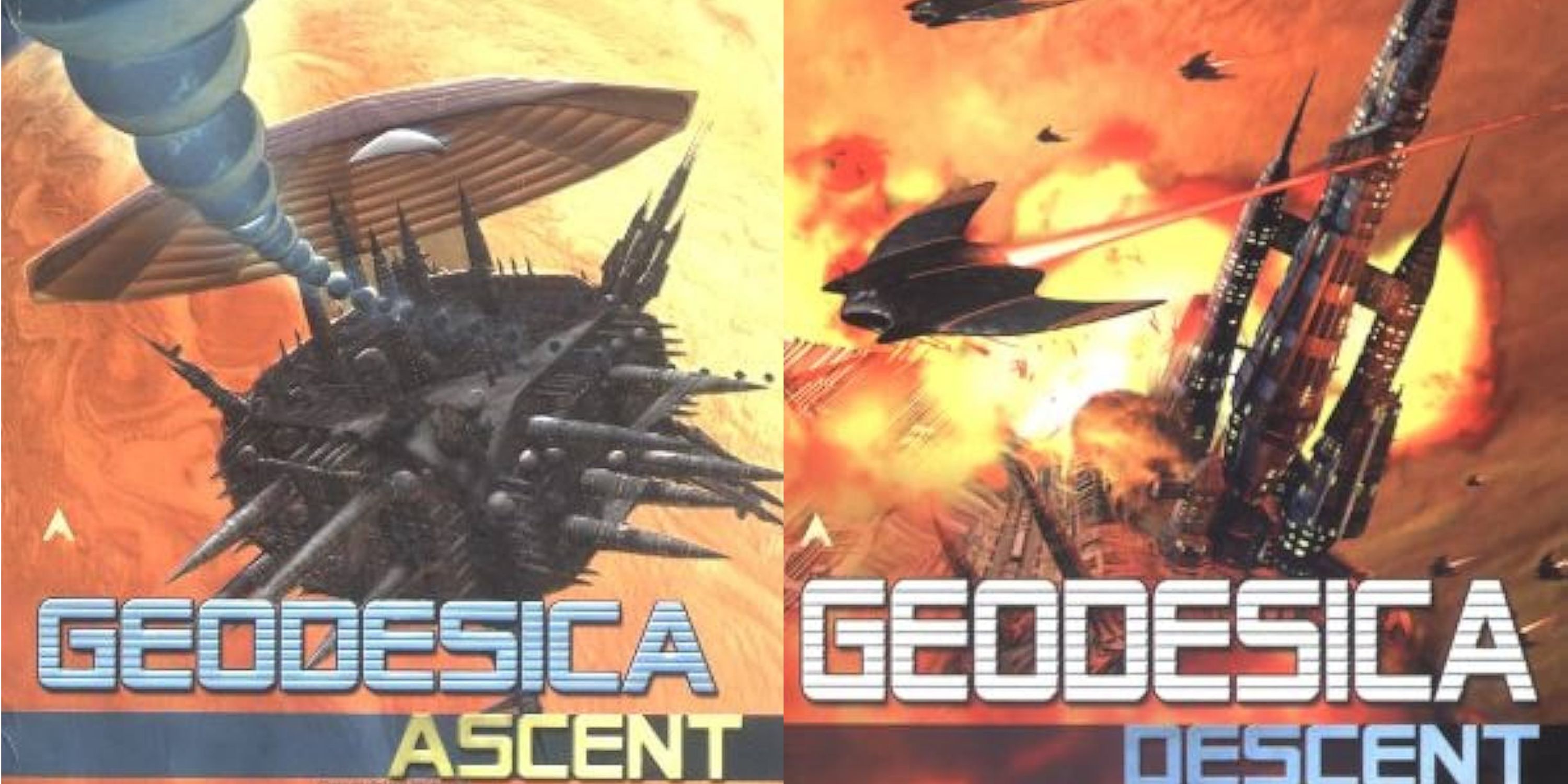 A split image of a space station with a series of globular Cell ships moving towards it and an attack on an interstellar world