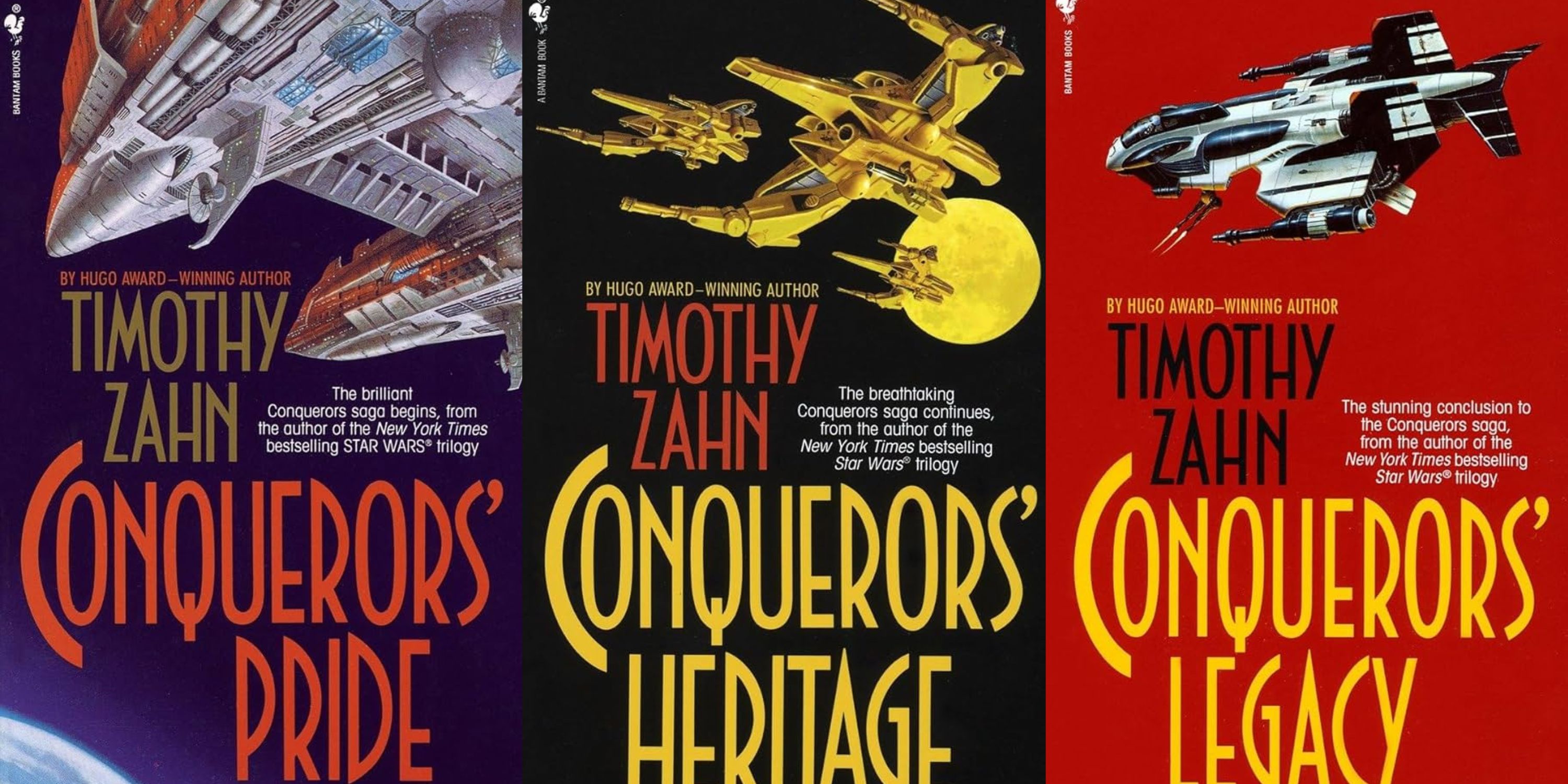 A triple split image of the covers to Conqueror's Pride, Conqueror's Heritage, and Conqueror's Legacy, including a human starship, Zhirrzh craft, and a Copperhead fighter