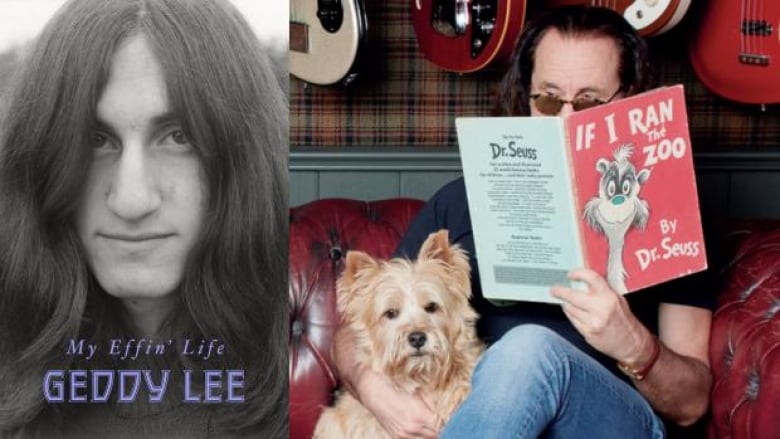 The book cover with a black and white photo of a young man with long dark hair and the author sitting on a couch with a dog and his face is hidden behind a Dr. Seuss book