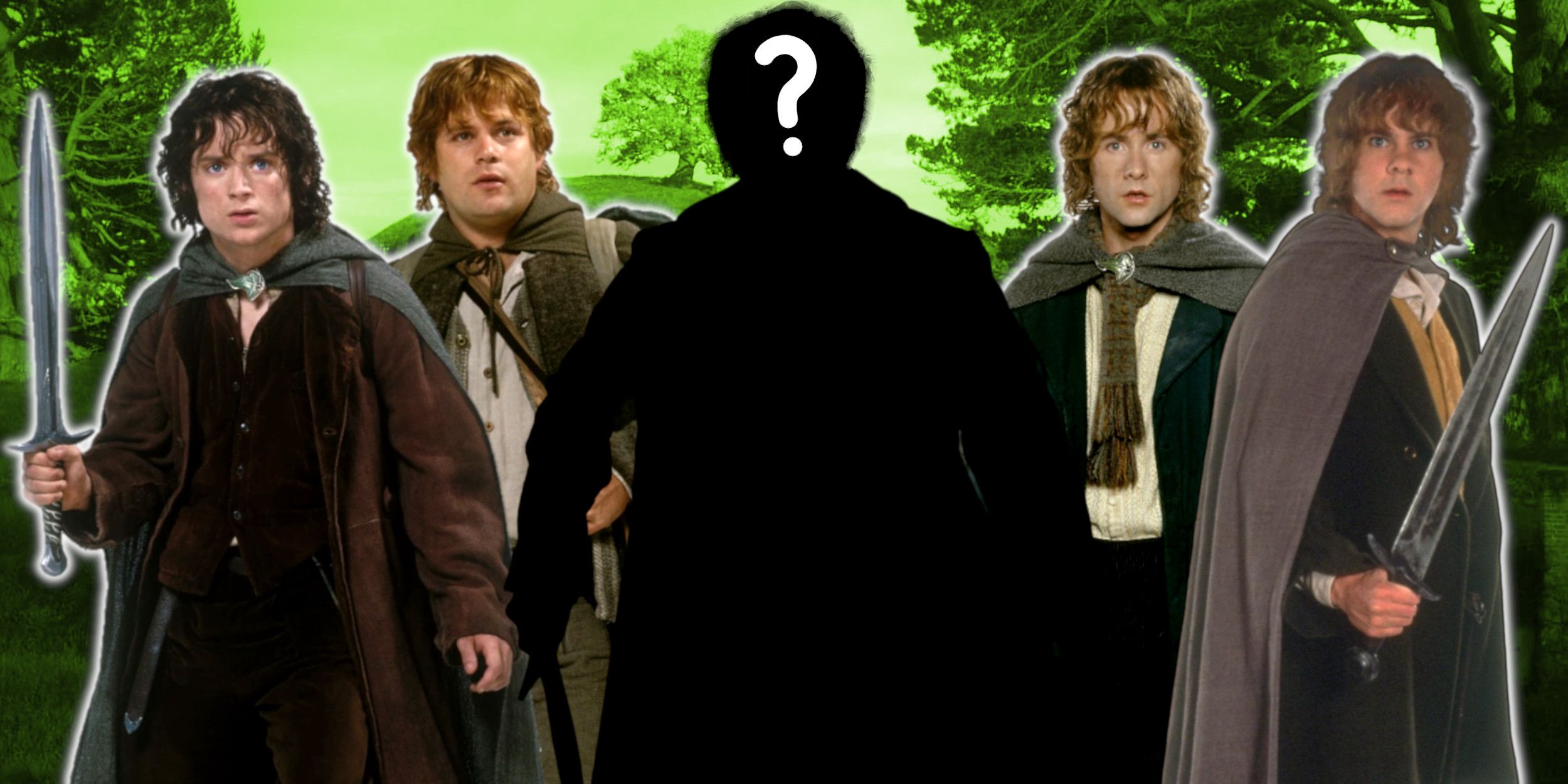 Frodo, Sam, Merry, Pippin and the silhouette of a hobbit from The Lord of the Rings are spliced together in a custom image.