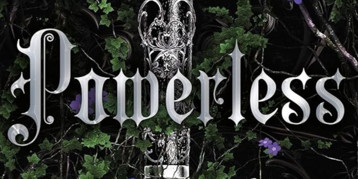 Powerless Book Cover featuring the title, a sword hilt, and greenery