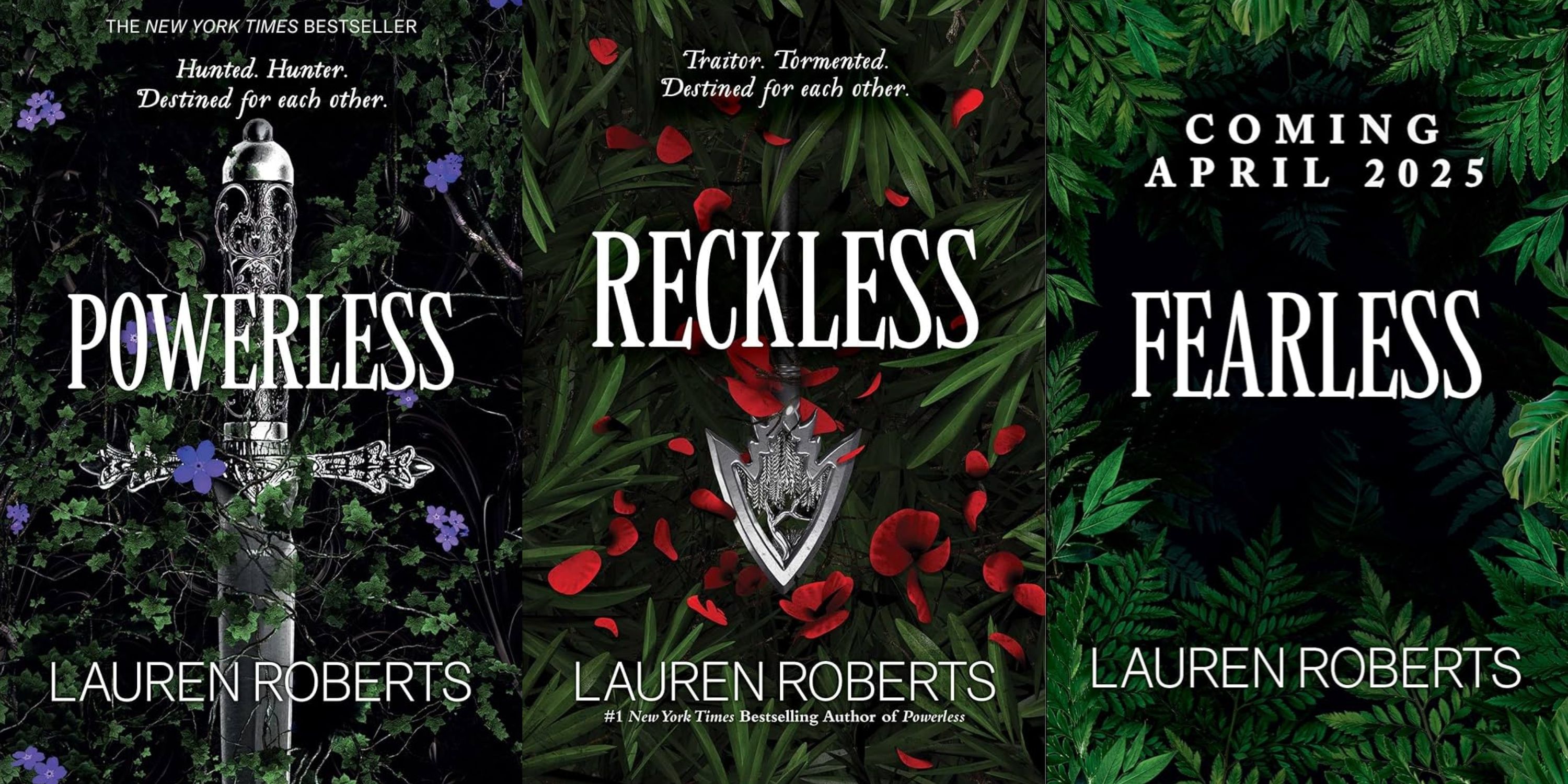 Powerless Trilogy By Lauren Roberts feturing the covers of Powerless, Reckless, and the promo image for Fearless