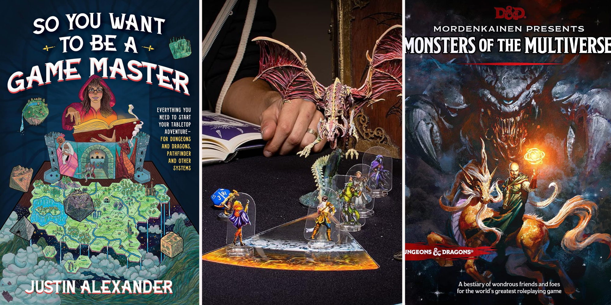 A collage of books for Dungeons & Dragons with a display of miniatures between them.