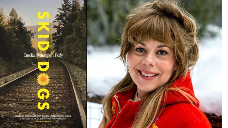 A book cover a train track surrounded by trees. A woman in a red coat smiled at the camera.