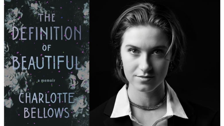 A black and white book cover with photos of flowers. A black and white image of a woman with shoulder length hair staring at the camera.