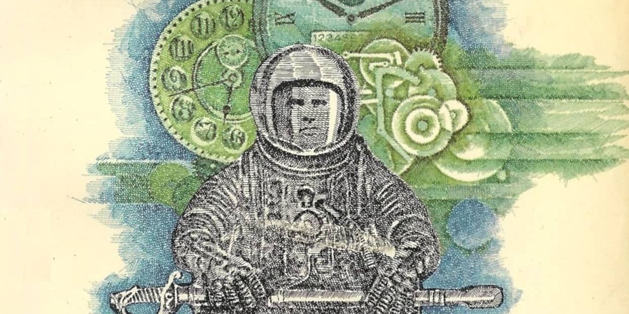 An man in a space suit with a sword across his lap sitting in front of clocks