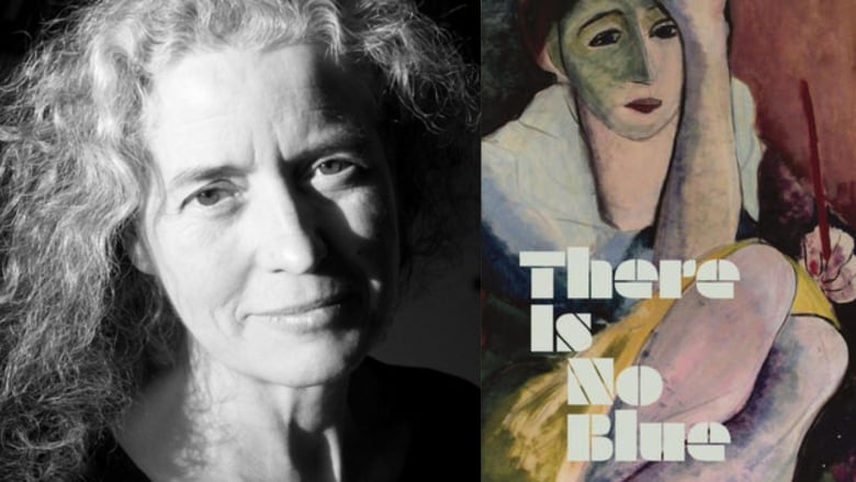 A woman with long grey curly hair looks ahead in a black and white photo. A book cover of an abstract and colourful painting of a woman.