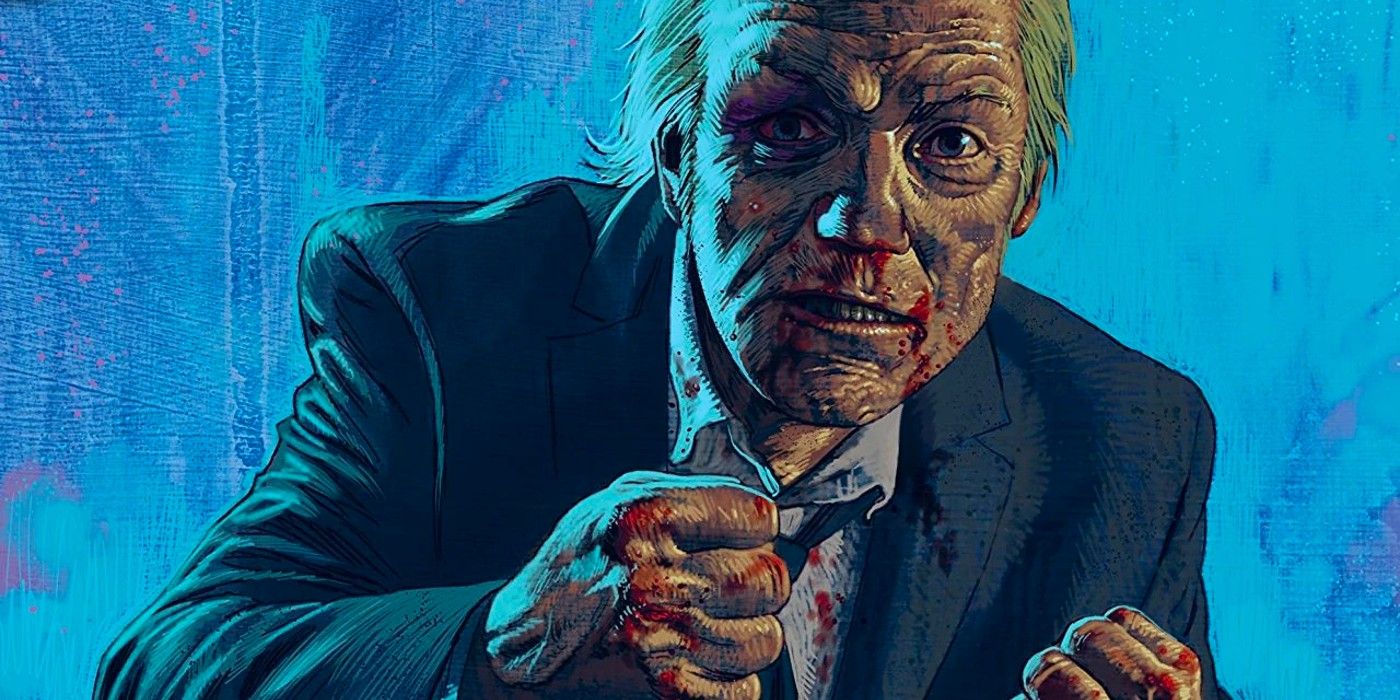 A man with a bloodied face raises his fists in anger against a blue background in the Criminal comics