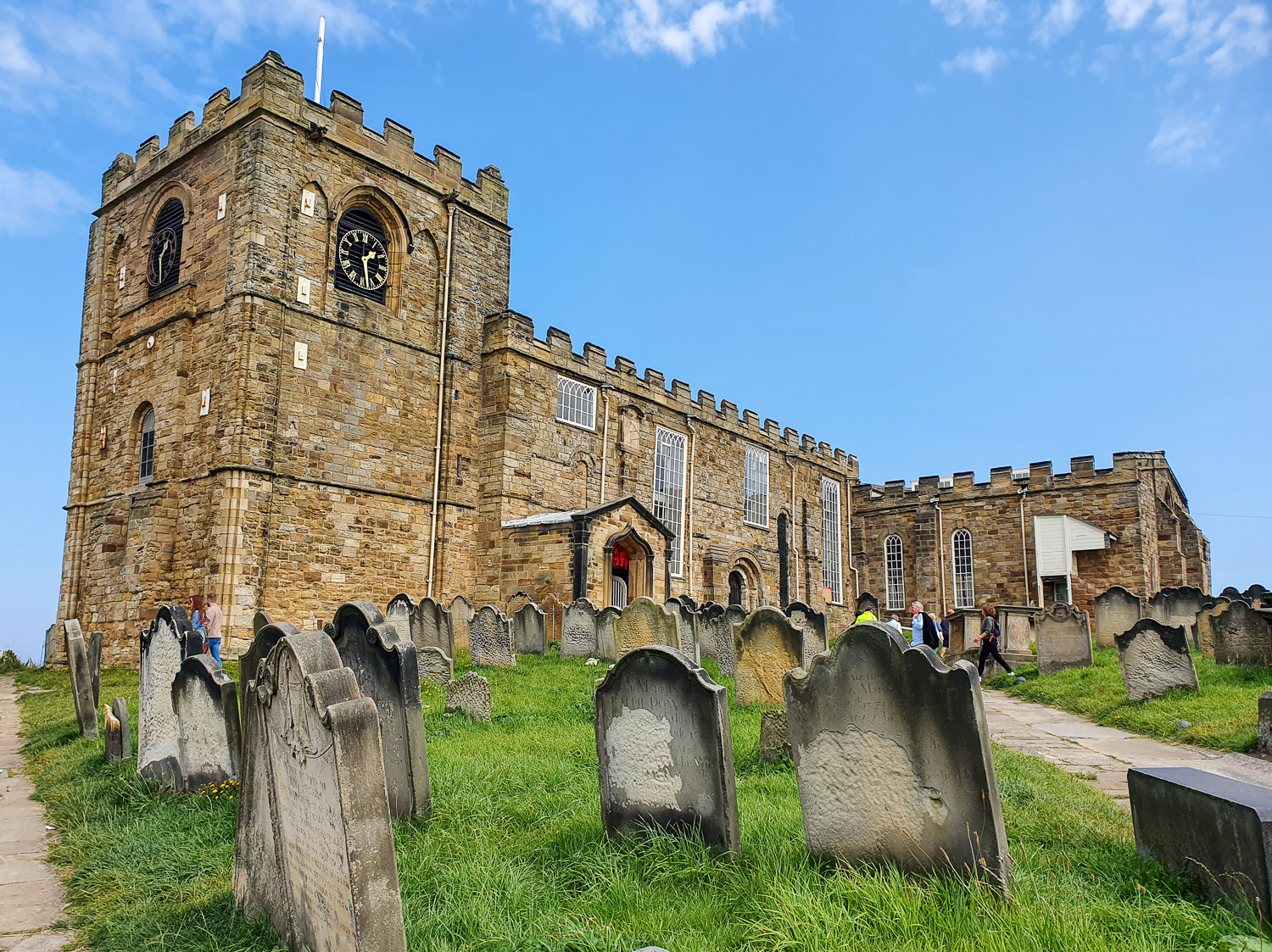 View of the church of St Mary the Virgin on the clifftop at the top of Whitby's 199 steps - with several links to Dracula, it's a great place to visit with kids who love books