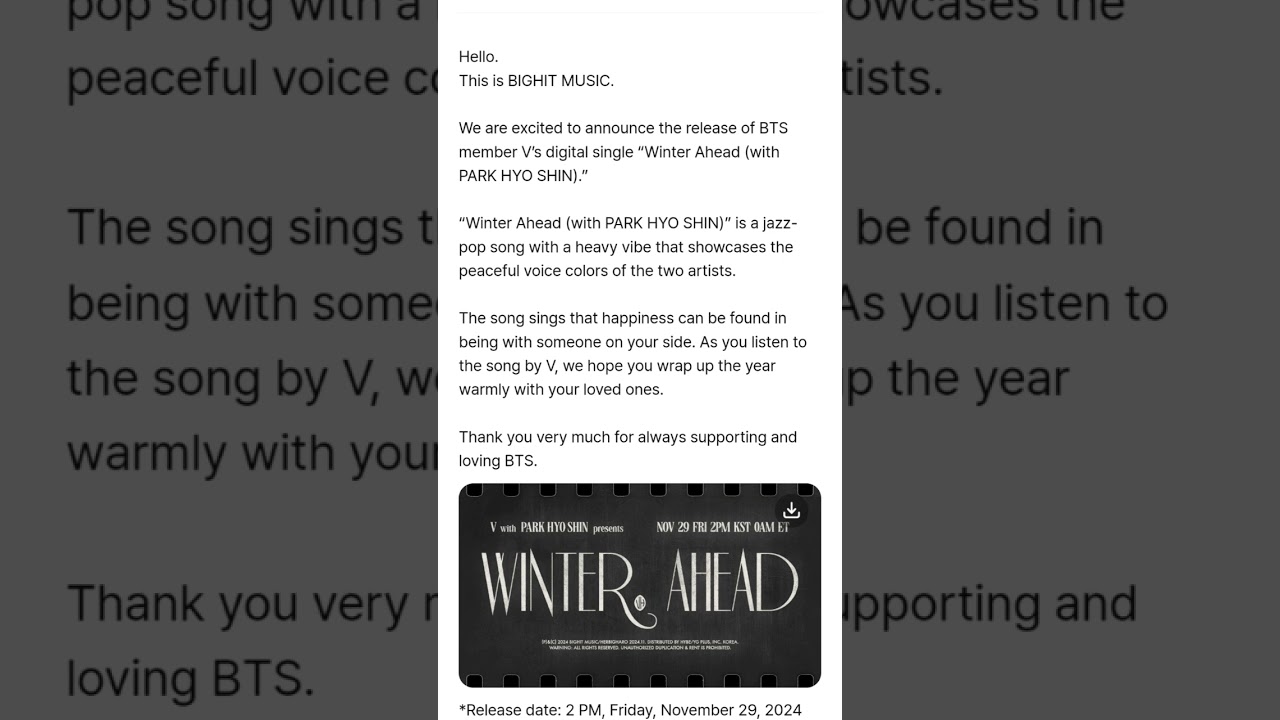 Taehyung and park hyo shin’s winter ahead new song #bts #kpop #shortsviral #kimtaehyung