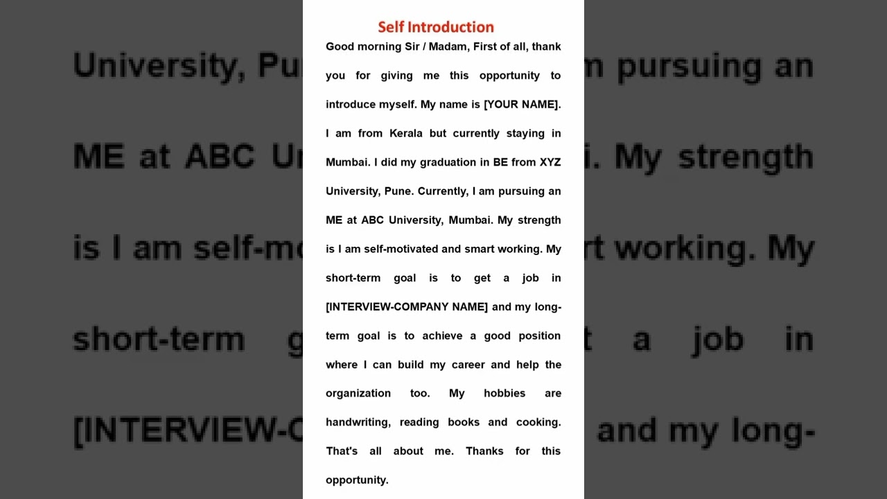 self introduction for freshers job |interview questions answers | how to introduce myself in english self introduction for freshers job |interview questions answers | how to introduce myself in english